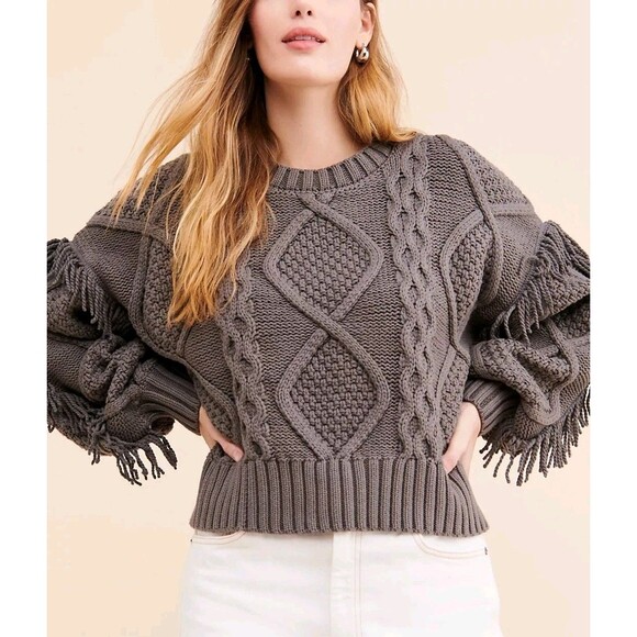 Anthropologie Sweaters - NWT $118 ANTHROPOLOGIE  LINE & DOT Charcoal GrayCable Knit Sweater Fringe Small